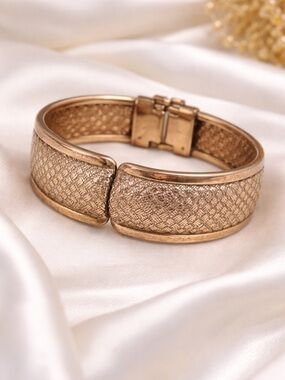 Vintage Genuine Copper Mesh Bracelet Gold Tone Woven Panel Statement Cuff